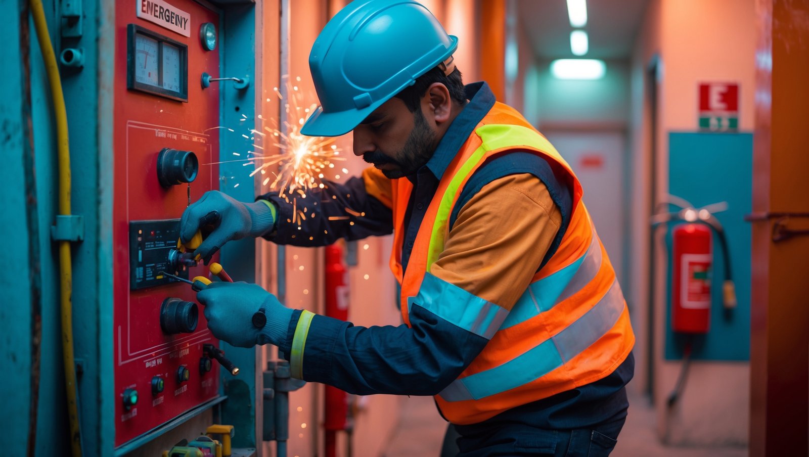 
"A realistic image of an Indian technician repairing an emergency fire system. He is wearing a safety helmet, gloves, and a high-visibility vest while working on a fire control panel with tools in hand. The background shows an industrial or commercial setting with fire extinguishers, smoke detectors, and emergency exit signs. Sparks or wiring adjustments indicate an urgent repair situation. The environment has a warm, slightly aged look, reflecting an Indian workplace. The technician's expression is focused and determined, ensuring the fire system is fully operational.