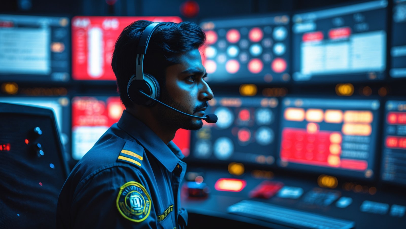 A realistic image of an Indian technician in a fire safety control room, monitoring multiple screens displaying live fire alarm system data. He is wearing a headset and a professional uniform, ensuring 24/7 monitoring and support. The control room is equipped with advanced fire detection systems, emergency response indicators, and communication equipment. The background has a dimly lit yet high-tech ambiance, emphasizing real-time surveillance and quick emergency response. His expression is focused and attentive, ready to take action if needed.